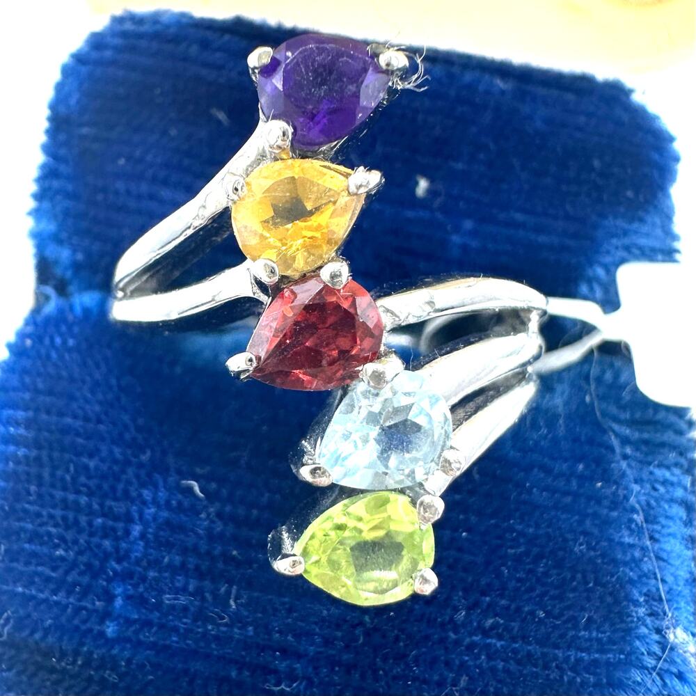NWT silver stainless steel 5 real semiprecious gemstones multicolor ring 6.5